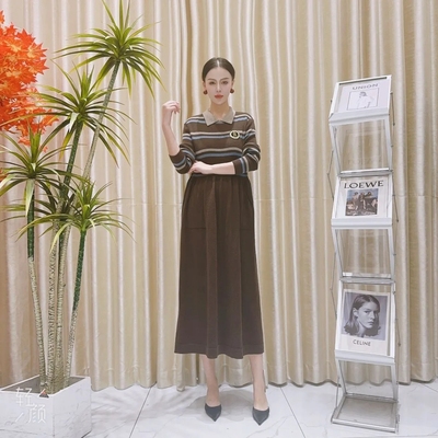 A170咖条拼接设计款气质秋冬轻奢针织连衣裙时尚复古玥玥羊