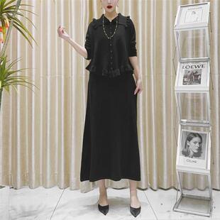 A148秋冬季 提花轻奢针织两件套 黑色设计气质秋冬长款