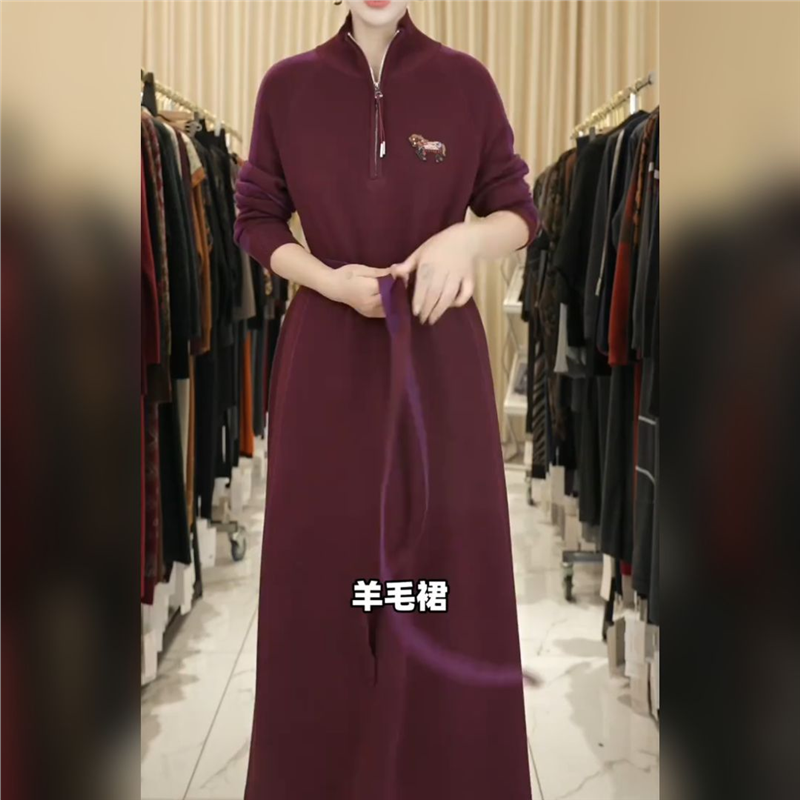 A205玫紫红设计气质秋冬轻奢针织连衣裙时尚复古遮肚子长裙,女装/女士精品,连衣裙,淘宝优惠券,粉丝福利购,淘宝优惠卷