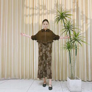 玥玥羊9863咖色花叶提花拼接设计款 羊毛气质秋冬轻奢针织连衣裙时