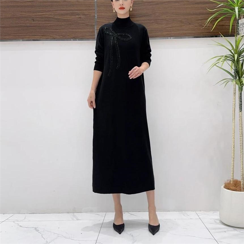 玥玥羊A251黑色蝴蝶结气质秋冬轻奢针织连衣裙时尚复古时尚长裙,女装/女士精品,连衣裙,淘宝优惠券,粉丝福利购,淘宝优惠卷