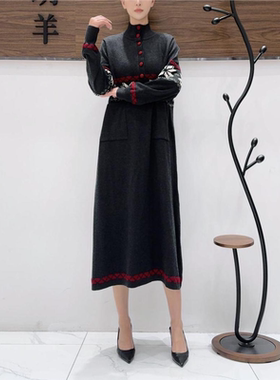 A387灰色雪花提花设计款气质秋冬轻奢针织连衣裙时尚复古