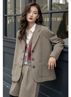 暮光之瞳英伦复古加厚毛呢西装外套女秋冬人字纹短款呢子西服上衣