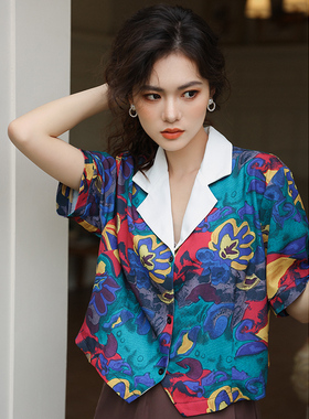 vintage古着感短袖衬衫女设计感小众印花衬衣多巴胺复古8090年代
