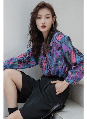 油画印花古着vintage衬衫女设计感小众春秋新款抽象港风长袖衬衣