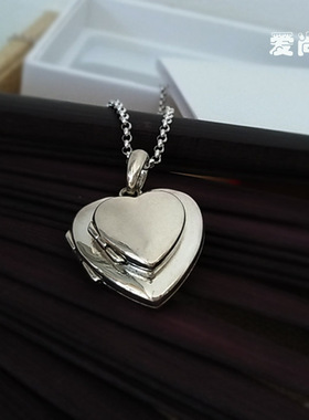 纯银光面可以打开爱心形吊坠项链