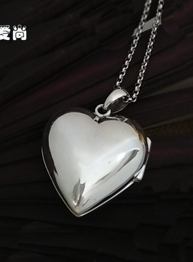 纯银光面心形可以打开吊坠项链