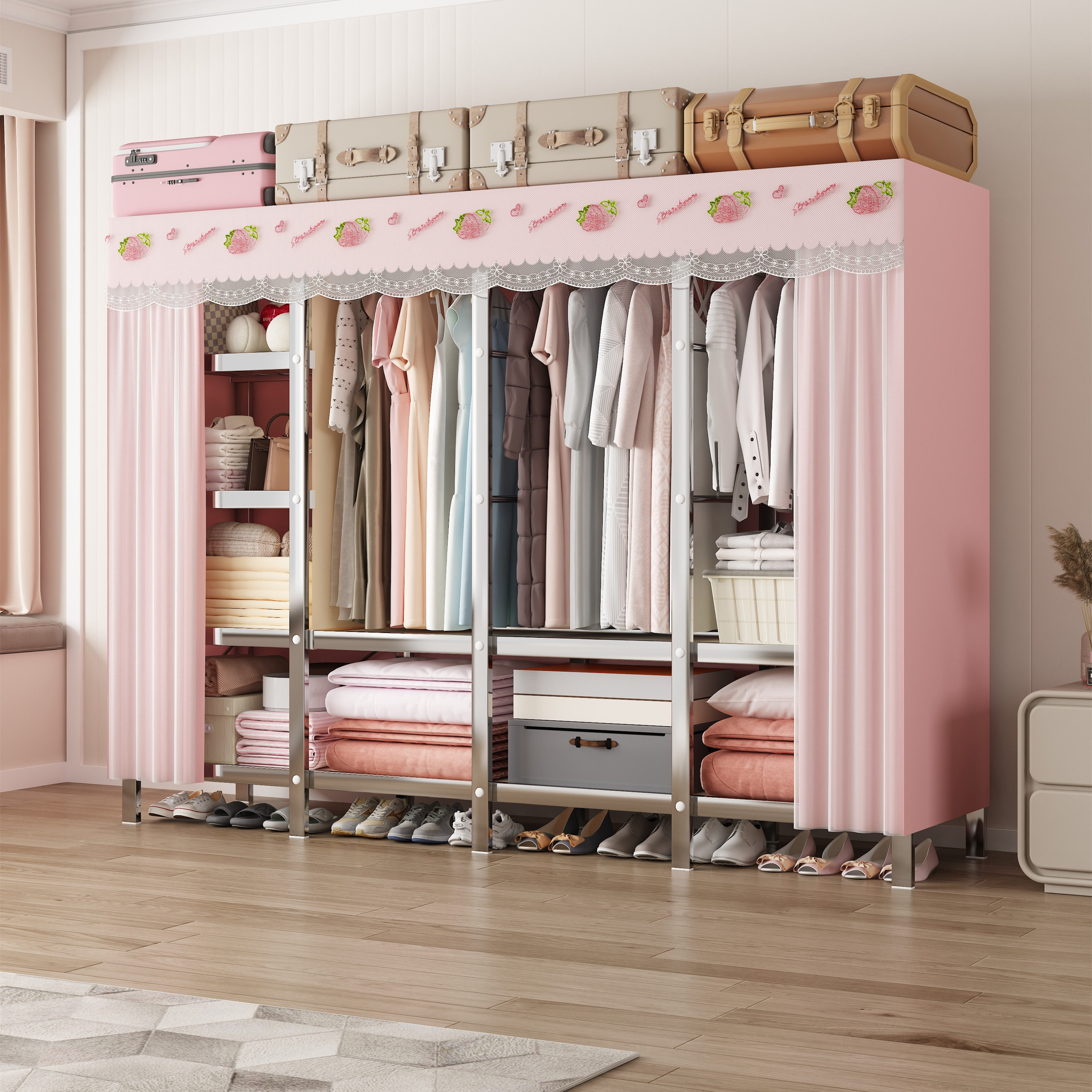 纱帘布不锈钢简易衣柜出租房家用全钢架加粗加厚不锈钢组装布衣柜