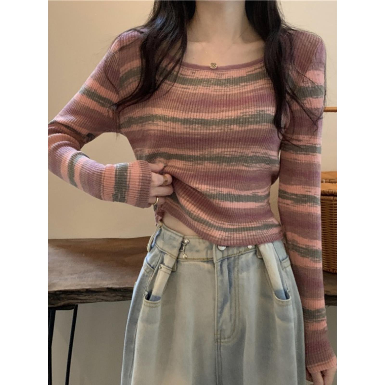 正肩条纹低领内搭针织打底衫