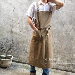 双肩长款帆布围裙纯卡其布色手工工作文艺美术绘画烘焙木匠奶茶店