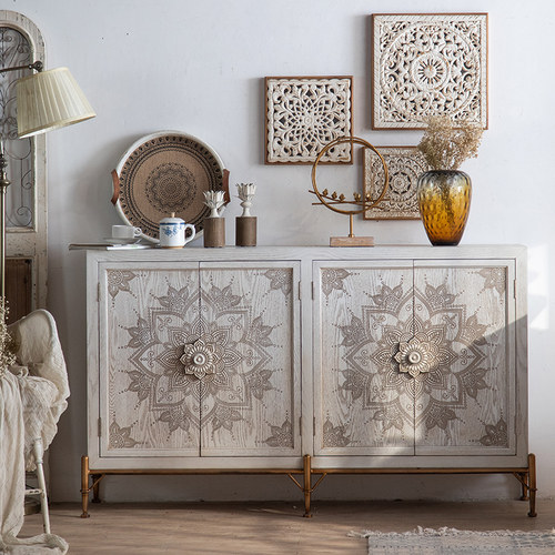 乐奇美式储藏实木雕花玄关柜复古