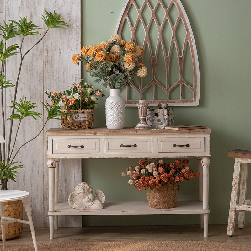 法式实木玄关桌白色田园风复古条案带抽屉做旧客厅装饰艺术玄关台