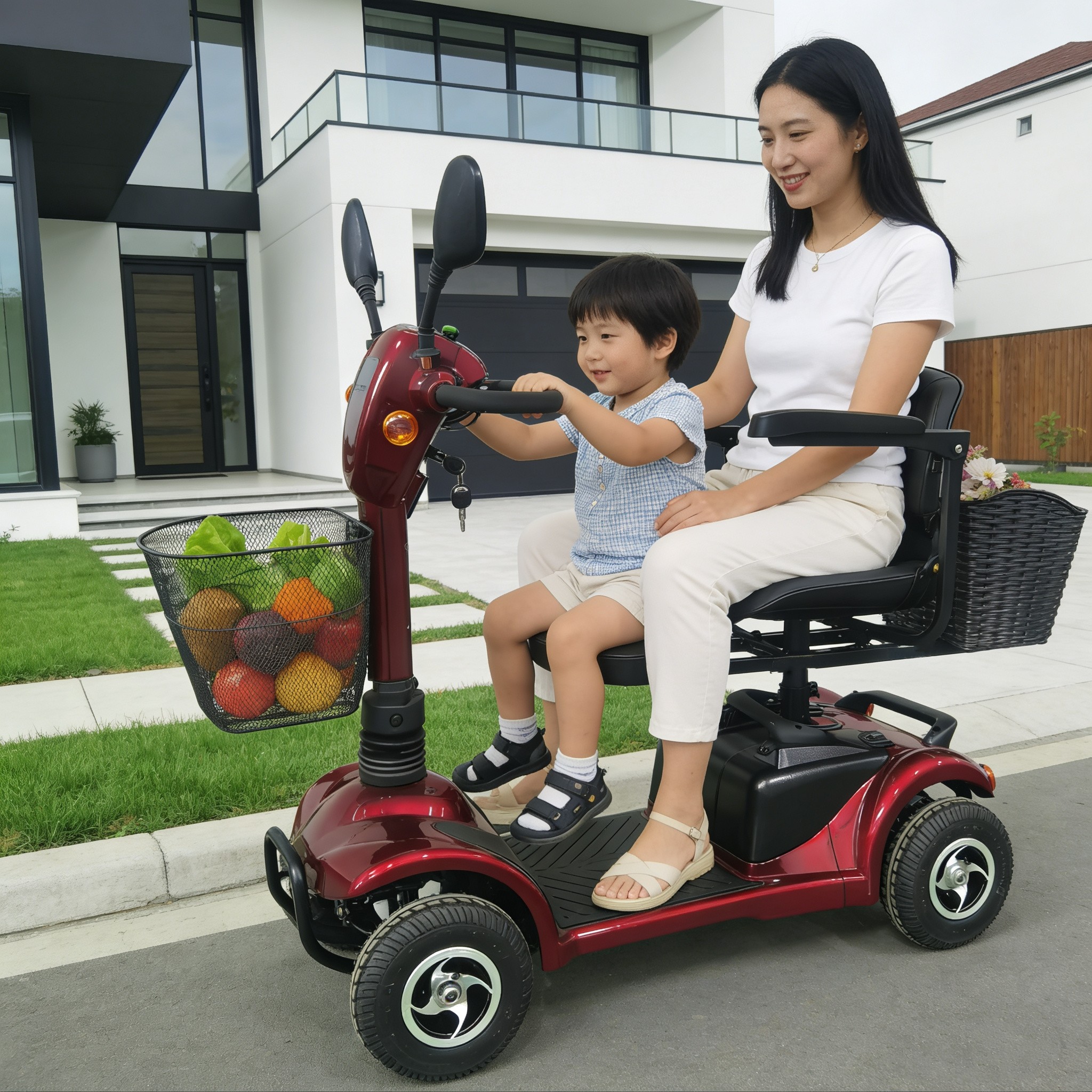 强劲力折叠子母座双人老年四轮车四轮电动车残疾车助力车接送小孩