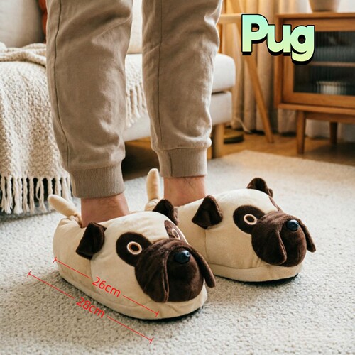跨境新品Pug plush slippers哈巴犬玩具哈巴狗拖鞋腊肠狗居家卧室