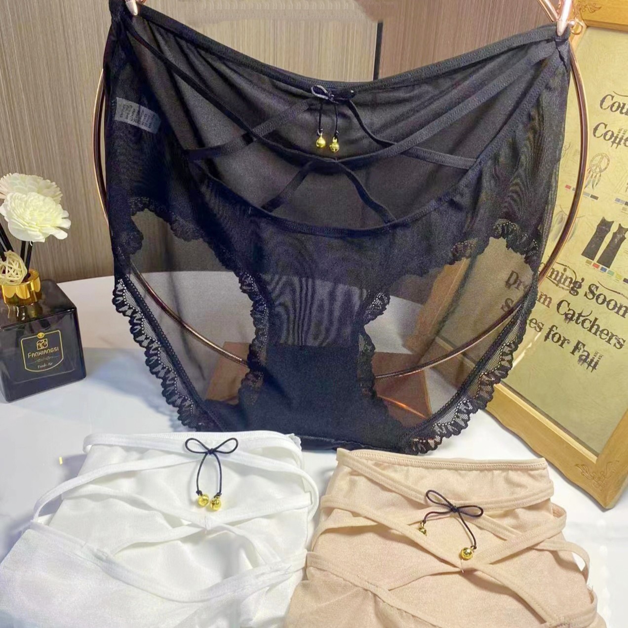纯欲风大码高腰镂空女士三角棉底裤胖妹妹铃铛款性感网纱透气内裤