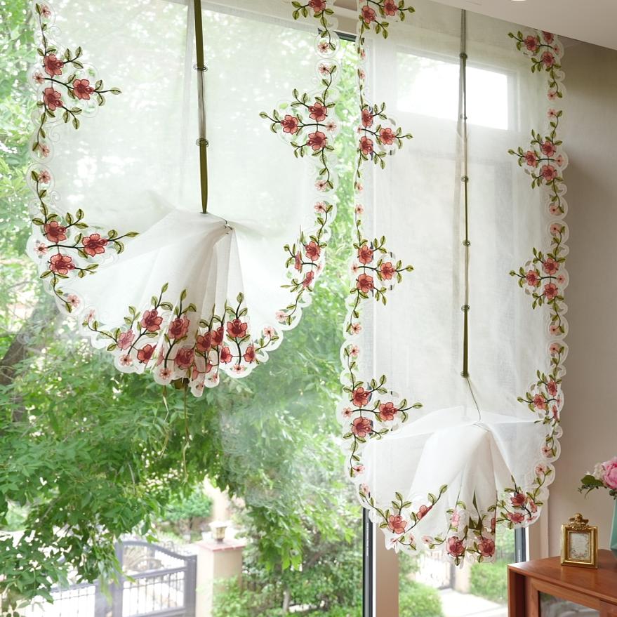田园韩式蔷薇刺绣提拉帘升降扇形帘飘窗魔术贴免打孔隔成品断门帘