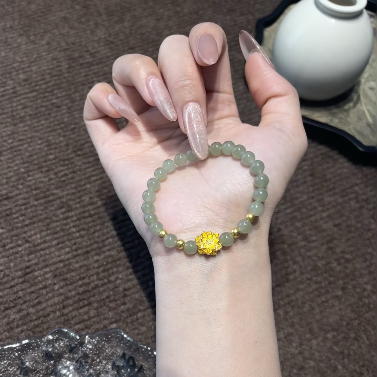 黄金手链999足金莲花转运珠天然和田玉手串送妈妈送女友节日礼物