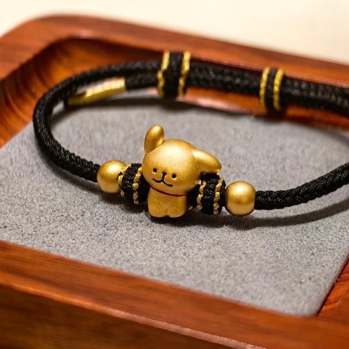 999足金线条小狗手链女黄金本命年可爱生肖狗转运珠编织手绳礼物