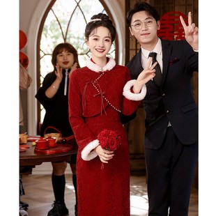 朱雀记蕾丝敬酒服新娘酒红色小个中式订婚连衣裙套装礼服回门装冬