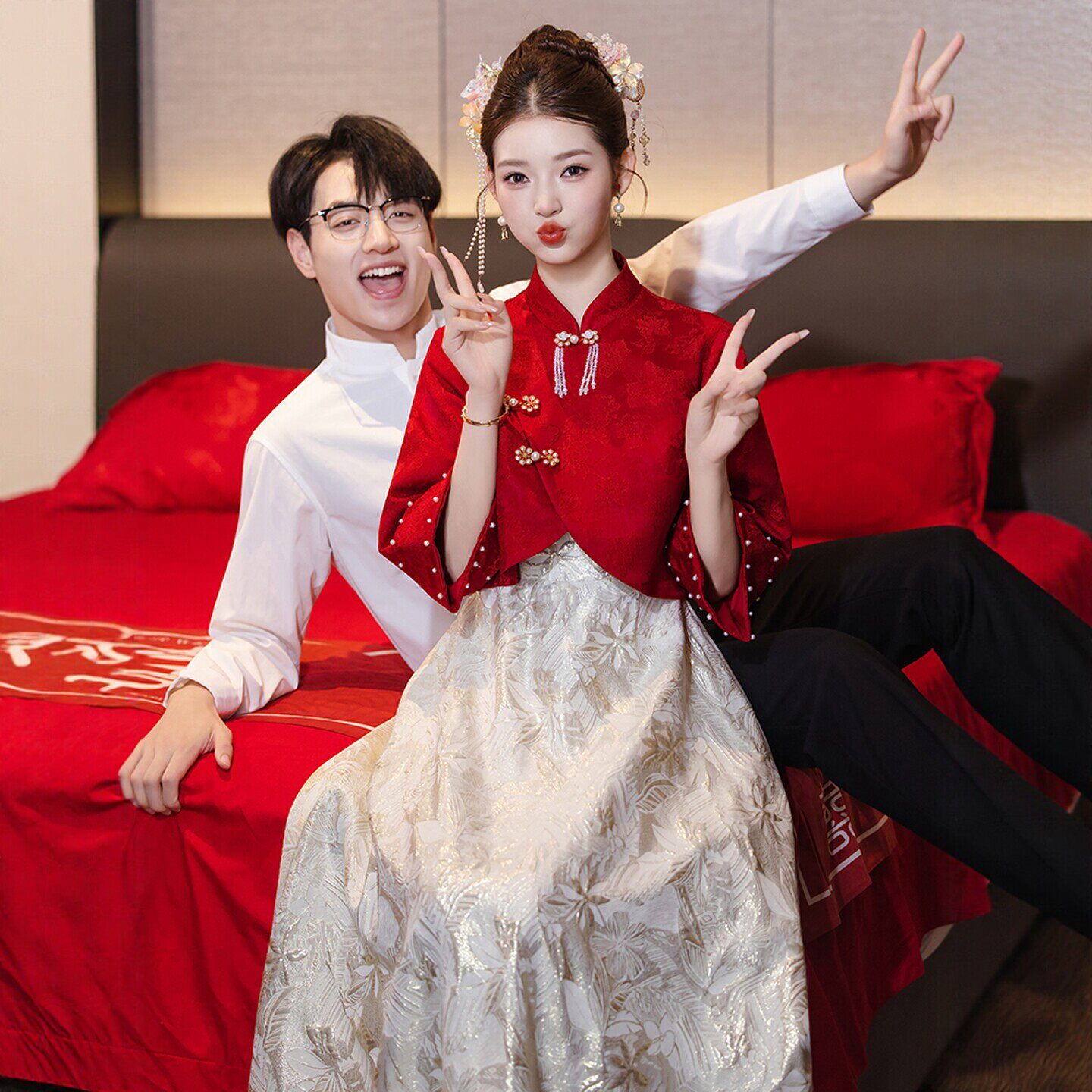 朱雀记红色旗袍中式套装孕妇敬酒服新娘大码胖mm长袖订婚礼服遮肚