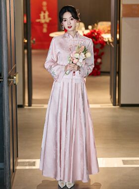 朱雀记大码粉色敬酒服套装新胖mm订婚礼服新娘孕妇出阁服中式旗袍