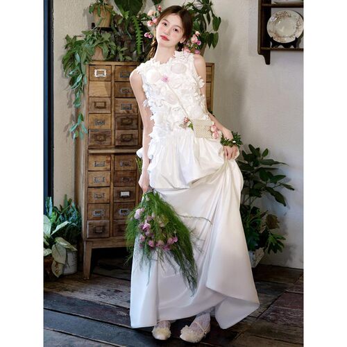 朱雀记晨袍女新娘结婚花朵复古风轻婚纱旅拍小个子领证登记礼服裙