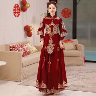 朱雀记孕妇敬酒新娘冬丝绒旗袍中式结婚订婚礼服大码胖mm秀禾遮肚