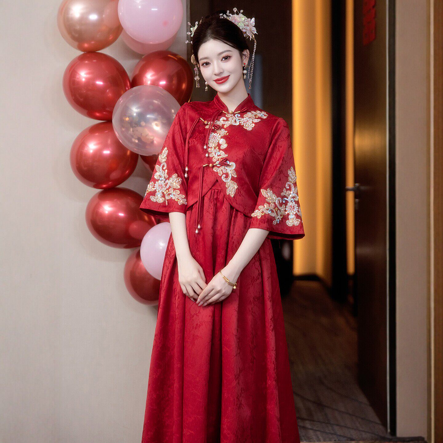 朱雀记孕妇旗袍敬酒服新娘红中式订婚套装大码胖mm遮肚礼服回门装