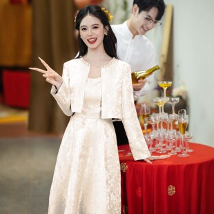 朱雀记订婚礼服中式敬酒服回门便装小个子连衣裙小香风两件套长袖