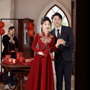 朱雀记新娘敬酒服小个子中式结婚订婚服装长袖回门裙重工刺绣婚服