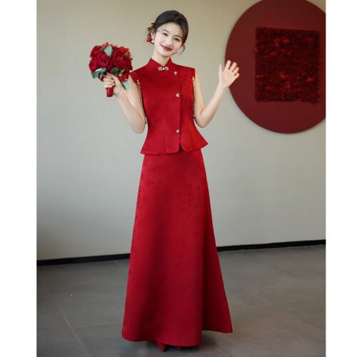 朱雀记新中式红色无袖秀禾服套装女修身结婚敬酒服新娘订婚礼服裙