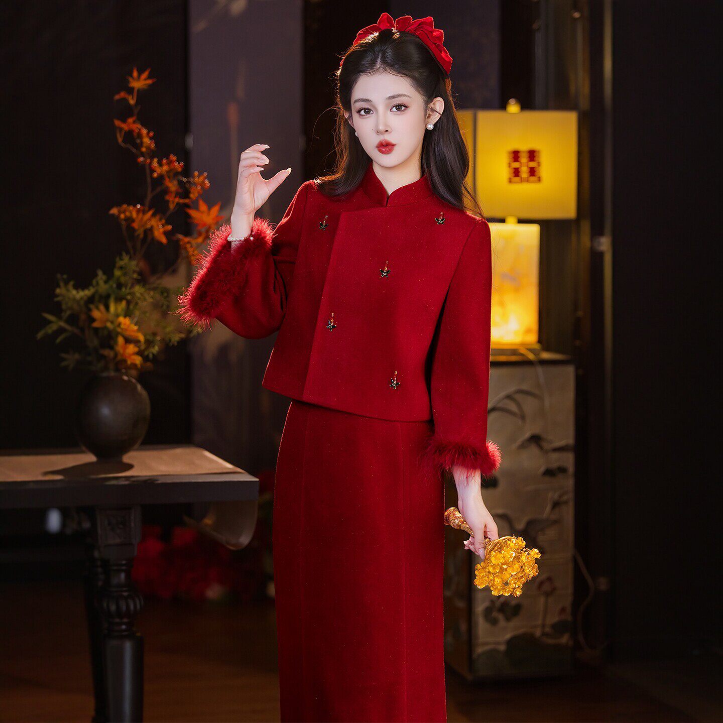 朱雀记新中式敬酒服毛呢长袖新娘订婚礼服高端轻奢小众冬出阁回门