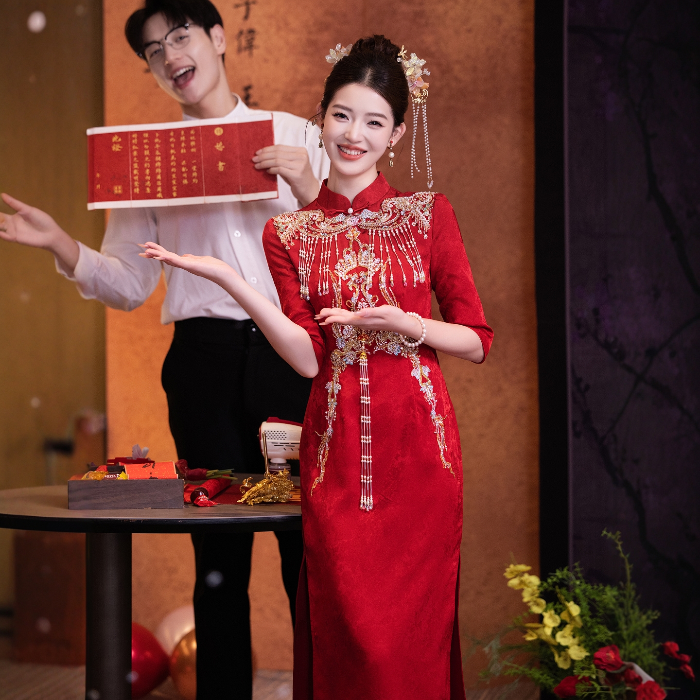 朱雀记红色旗袍敬酒服新娘2025