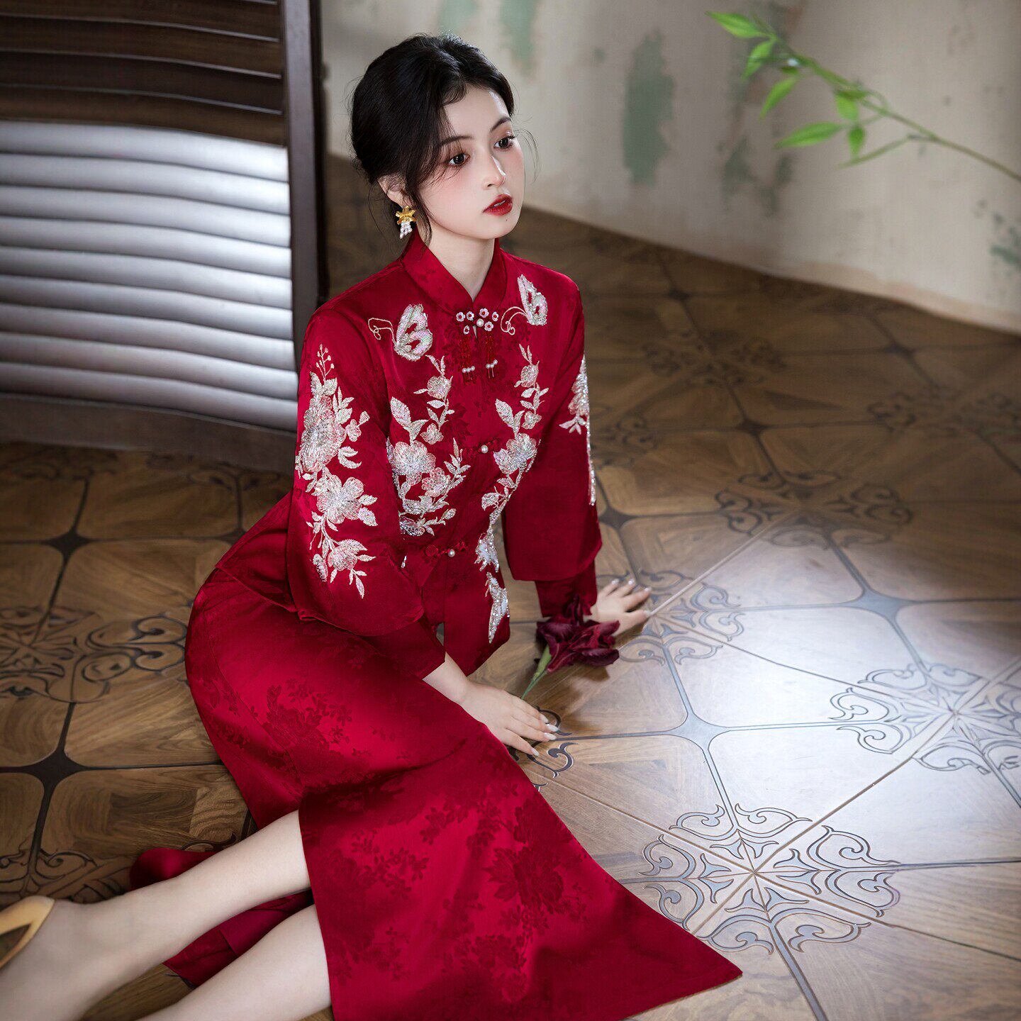 朱雀记红色敬酒服新娘旗袍新款中式订婚礼服结婚套装改良长袖冬季