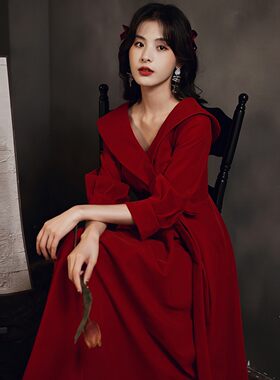 朱雀记酒红色敬酒服胖mm订婚连衣裙新娘孕妇回门宴长袖礼服女大码