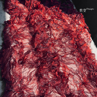 酒红水晶褶皱纱 创意混乱压褶水光网纱布装饰拍摄diy立体服装面料
