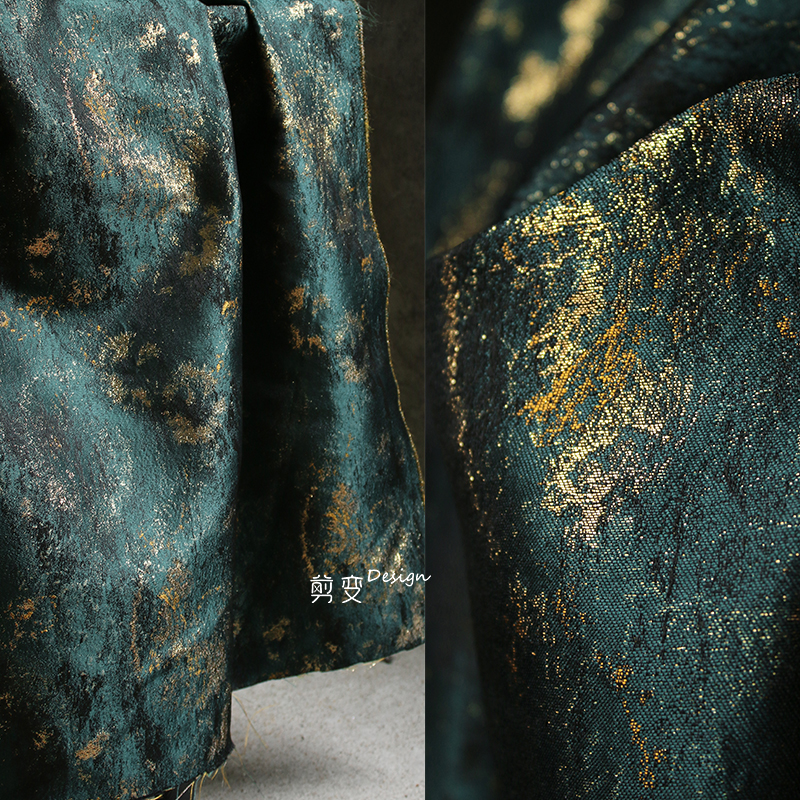 复古墨绿鎏金丝布料提花高档面料