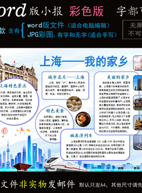 C062上海小报电子版word模板电脑手抄报家乡城市上海地理名胜简报