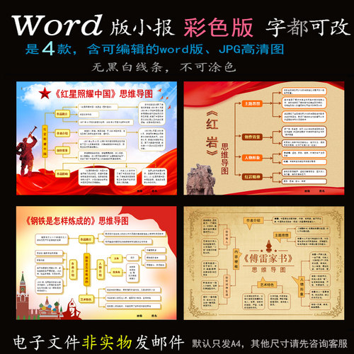 B481思维导图4款word版电子小报红色文化名著红星红岩钢铁傅雷