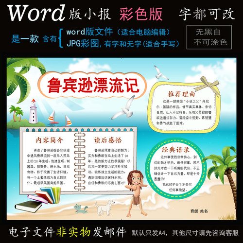 d058鲁宾逊漂流记读书小报电子版word模板电脑手抄报名著阅读简报