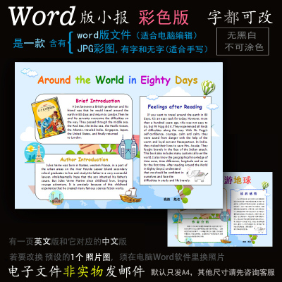 y122电子手抄报word版英文读书小报名著八十天环游世界中英语简报