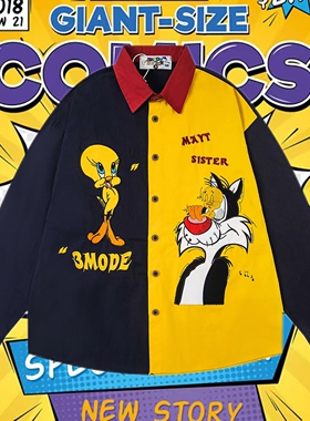 cattle赵大牛 美式复古卡通刺绣格子拼接长袖衬衫情侣宽松衬衣