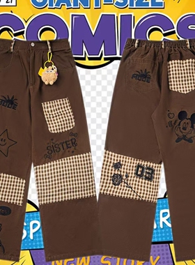 cattle赵大牛 可爱KT米奇卡通刺绣拼接牛仔直筒裤男女复古潮牌