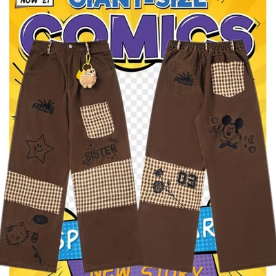 cattle赵大牛 可爱KT米奇卡通刺绣拼接牛仔直筒裤男女复古潮牌