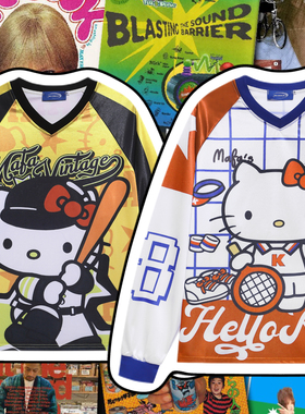 cattle赵大牛新款美式复古童趣卡通街头kitty拼色长袖T恤球衣男女