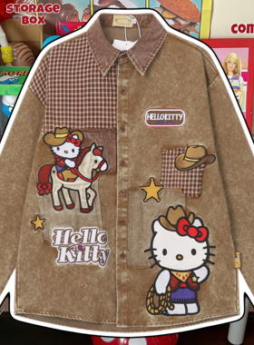 cattle赵大牛新款美式童趣刺绣皮卡通kitty牛仔衬衫男女同款外套