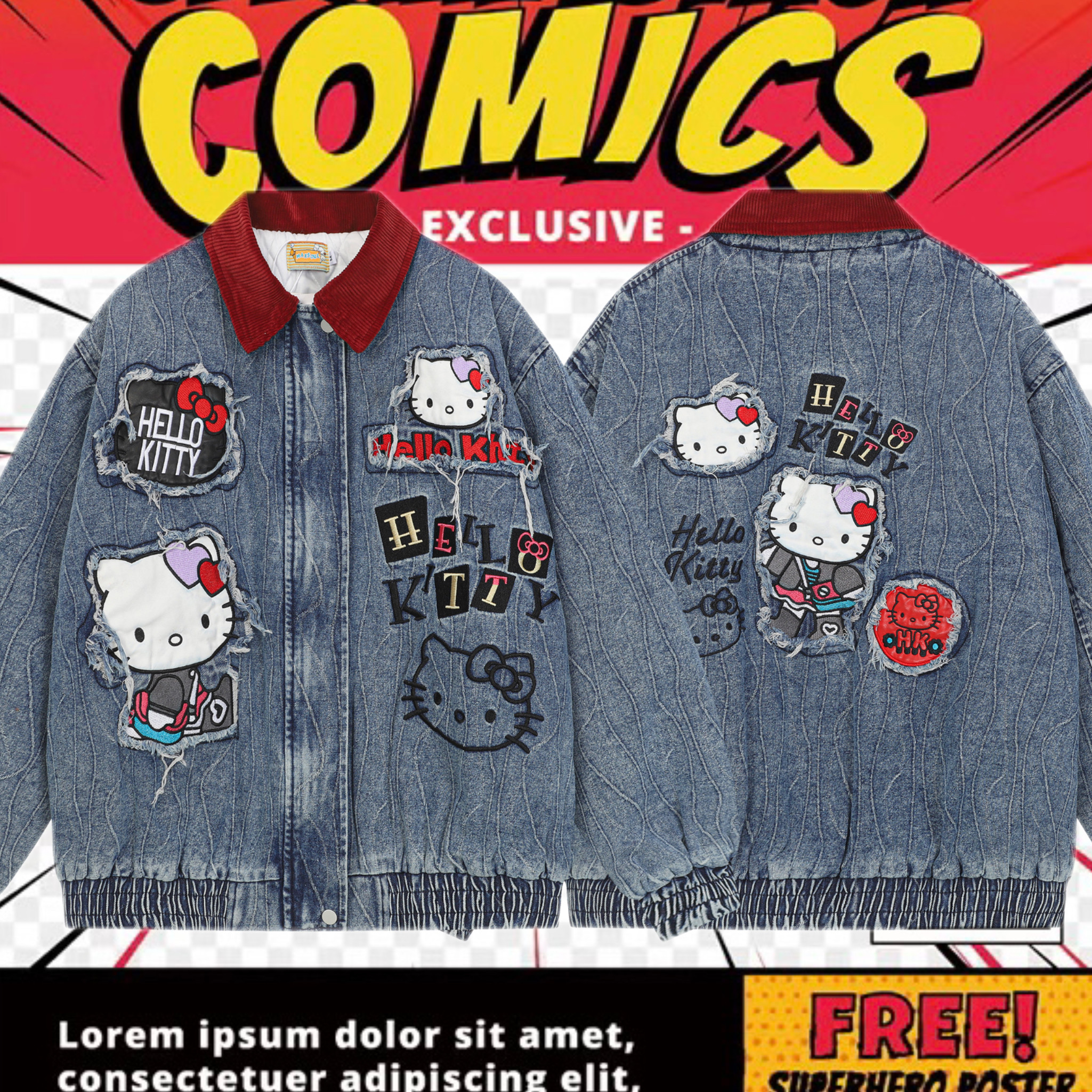 cattle赵大牛新款童趣刺绣卡通kitty翻领牛仔外套男女同款棉服