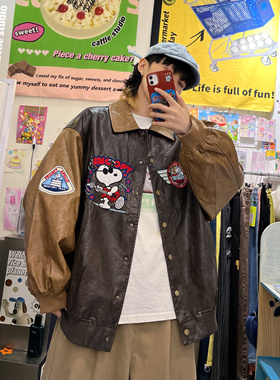 cattle赵大牛 美式vintage卡通刺绣拼色翻领夹克 机车棒球服外套