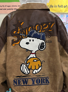 cattle赵大牛 vintage美式可爱重工刺绣复古夹克卡通拼色加棉皮衣