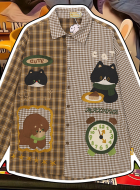 cattle赵大牛新款美式童趣刺绣卡通小狗拼接牛仔衬衫男女同款外套